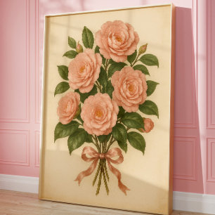 Vintage Rosa Rosett Väggkonst Botanisk Konst