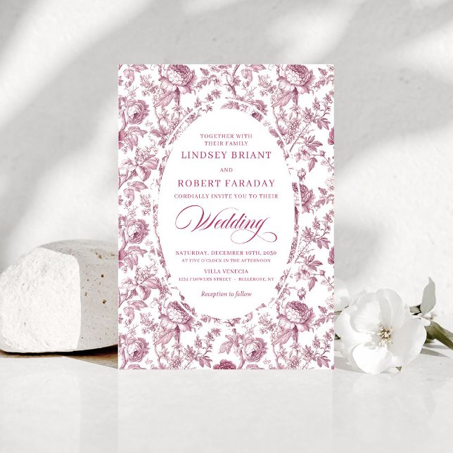Vintage Rosa Rosmönster Toile Bröllopsinbjudan Inbjudningar (Vintage Pink Rose Pattern Toile Wedding Invitation)