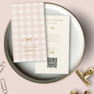 Vintage Rosa Rutigt Bakverk QR Marknadsföring Vert Visitkort
