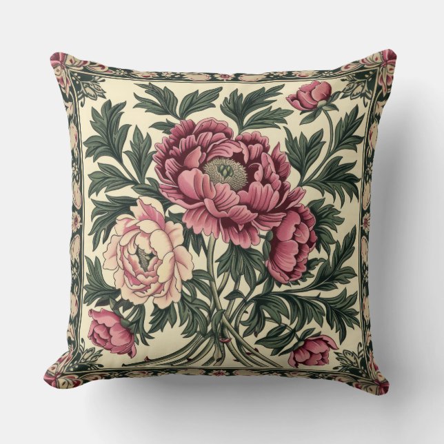 Vintage Rosa & Sälggrön William Morris Pion Kudde (Framsida)