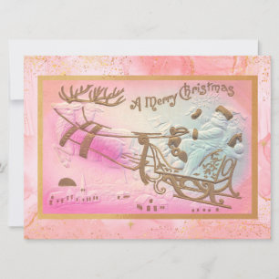 Vintage Rosa Santa Sleigh med Reindeer jul Julkort