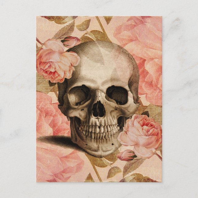 Vintage Rosa Skull Collage Vykort (Framsida)