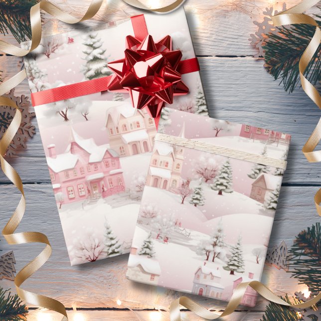Vintage Rosa Snö byn Helgdag vid jul Presentpapper (Vintage Pink Christmas Snow Village Holiday Wrapping Paper)