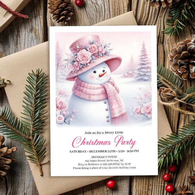 Vintage Rosa Snömannen Barn Redigerbar Julkort Inbjudningar (Vintage Pink Snowman Kids Editable Christmas Invitation

)