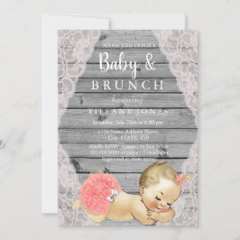 Vintage Rosa Snöre Rustic Grått Baby & Brunch Inbj Inbjudningar