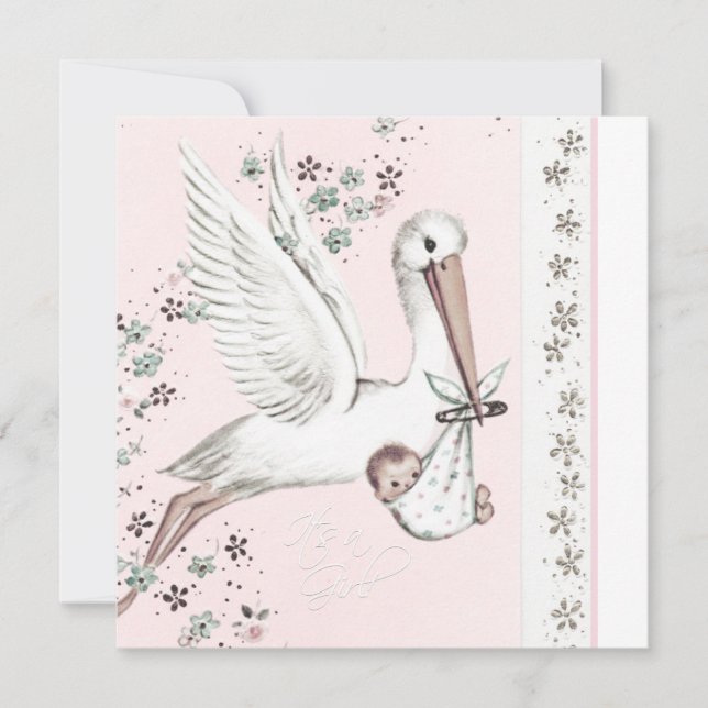 Vintage Rosa Stork Babyflicka Bröllopsinbjudningar Inbjudningar (Framsida)