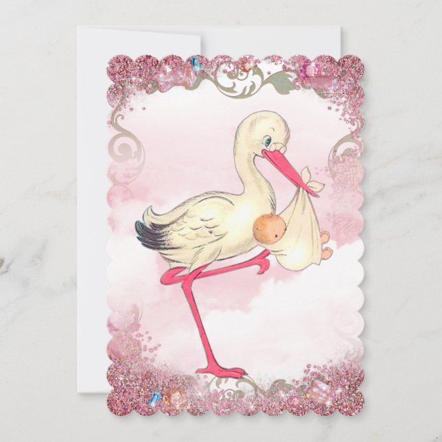 Vintage Rosa Stork Bebisfest Inbjudningar (Framsida)