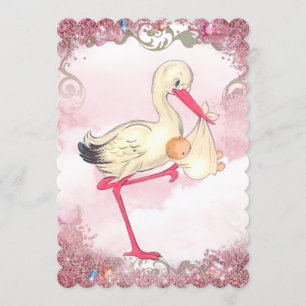 Vintage Rosa Stork Bebisfest Inbjudningar