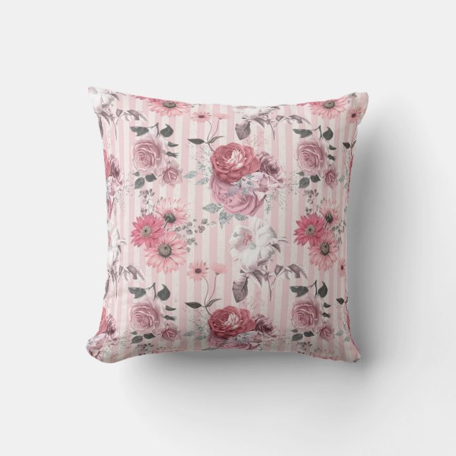 Vintage Rosa stripe-Blommönster Kudde (Framsida)
