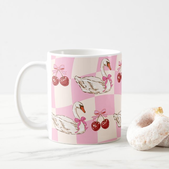 Vintage Rosa Svan & Körsbär Kaffe Mugg (Med munk)