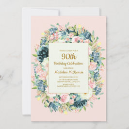 Vintage Rosa Teal Blommigt Kvinnors 90:e födelseda Inbjudningar