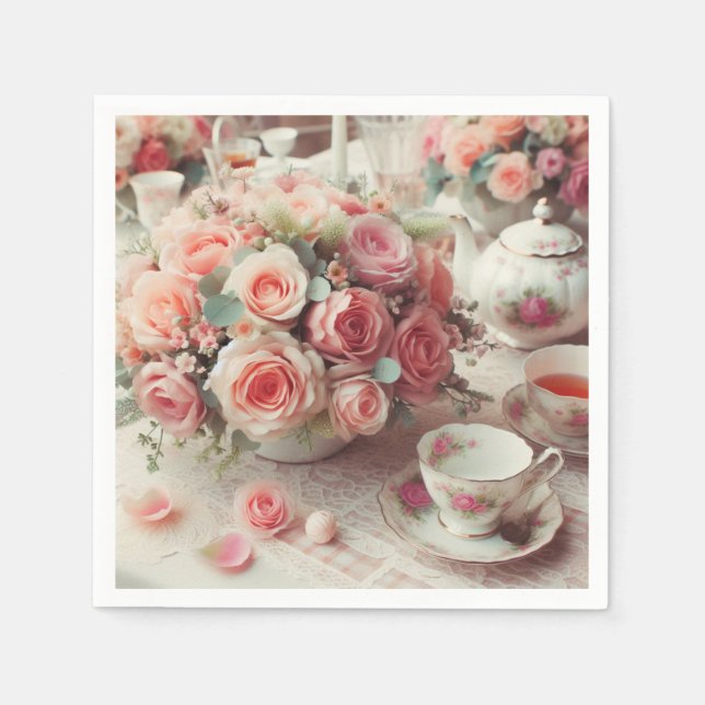 Vintage Rosa Tekanna Ros Blommig  Pappersservett (Framsidan)