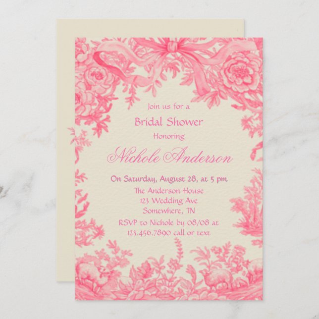 Vintage Rosa Toile Flower Möhippa Inbjudningar (Fram/baksida)