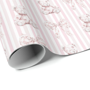Vintage Rosa Toile och Randig Flickas Bebisbyte Presentpapper