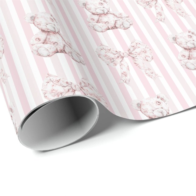 Vintage Rosa Toile och Randig Flickas Bebisbyte Presentpapper (Rullad Hörn)