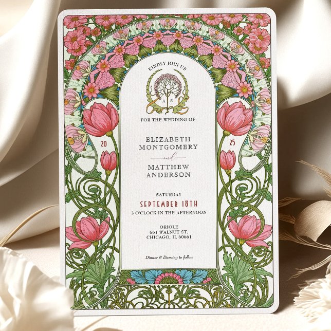 Vintage Rosa Tulips Art nouveau Bröllop Inbjudningar (Skapare uppladdad)