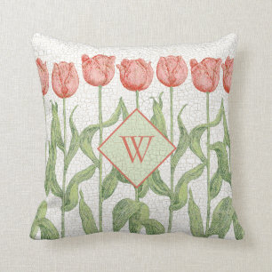 Vintage Rosa Tulpan Trädgårdsmonogram Blommig Kudde