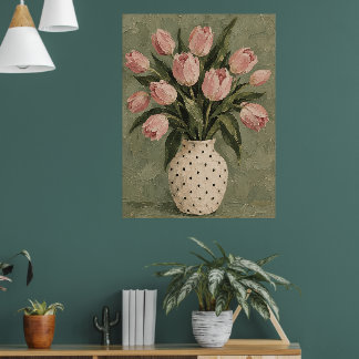Vintage Rosa Tulpanbukett Stilleben Konsttryck Poster
