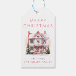 Vintage Rosa Watercolor House Village Presentetikett