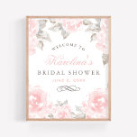Vintage Rosa Watercolor Ro Bröllop Möhippa Poster<br><div class="desc">Elegant bröllop möhippa poster skylt och hälsar gästerna välkomna till möhippan. Utformningen har  grått och pewter-text som kan vara personlig med Brides namn och duschdatum,  framtagen av ett gräns av mjukt rosa ros med grönt/grått löv. Blommor har ett vackert vattenfärgsmålat utseende. Perfekt för ett vår- eller sommarevenemang.</div>