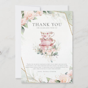 Vintage Rosa Watercolor Tea Party 1:a födelsedag Tack Kort