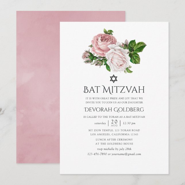 Vintage rosablommig Bat Mitzvah Inbjudningar (Fram/baksida)