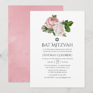 Vintage rosablommig Bat Mitzvah Inbjudningar