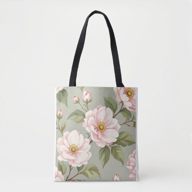 Vintage rosablommig camelliaskulderväska tygkasse (Framsida)