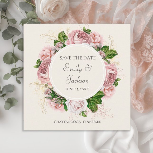 Vintage rosablommig krämfärgad bröllopsdatering inbjudningar (Pink vintage floral wedding Save the Date card)