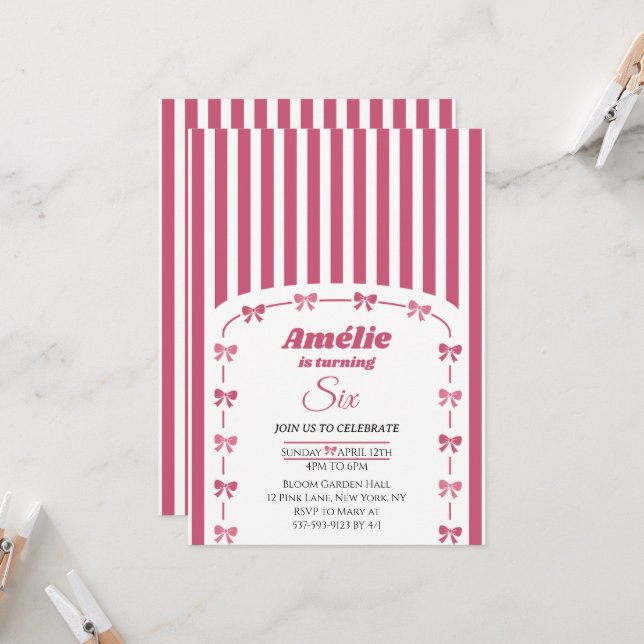 Vintage rosabrudenågotten med rosett 6-års födelse inbjudningar (Fram/Back In Situ)