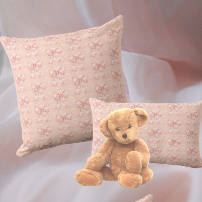 Vintage rosafärgade blomstertoalettbågar  kudde (Sweet peachy pink ribbons and bows)