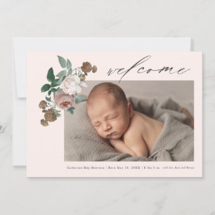 Vintage rosblommig babyfoto födelseannons inbjudningar