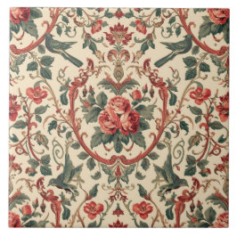 Vintage Rose & Bird Pattern Romantic Art Nouveau Kakelplatta