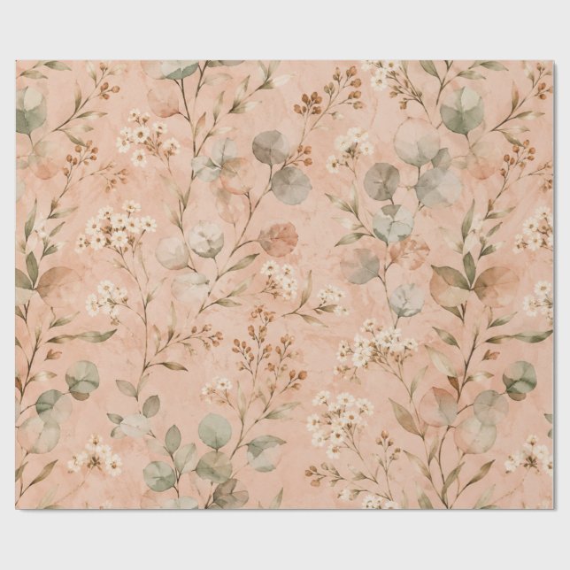 Vintage Rosé Blommig Akvarell Eukalyptus Mönster Presentpapper (Platt)