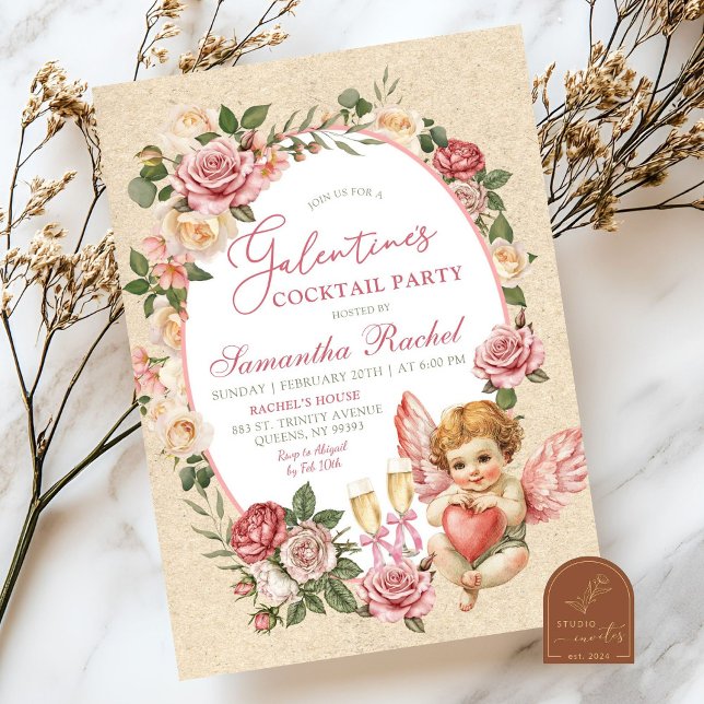 Vintage Rose Cupid Galentine's Cocktailfest Inbjudningar (Skapare uppladdad)