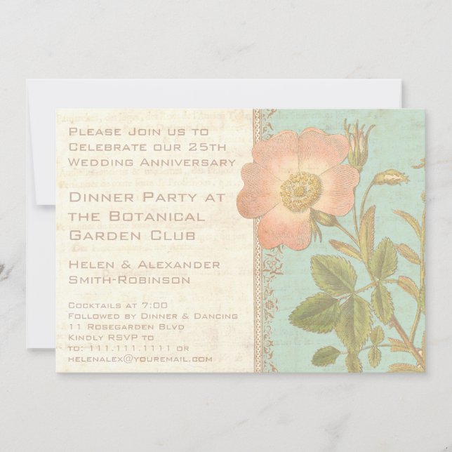 Vintage Rose Elegant 25-årsfirande Middag Inbjudningar (Framsida)