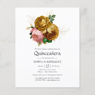 Vintage rosé och guldblommig Quinceañera-inbjudan Flygblad