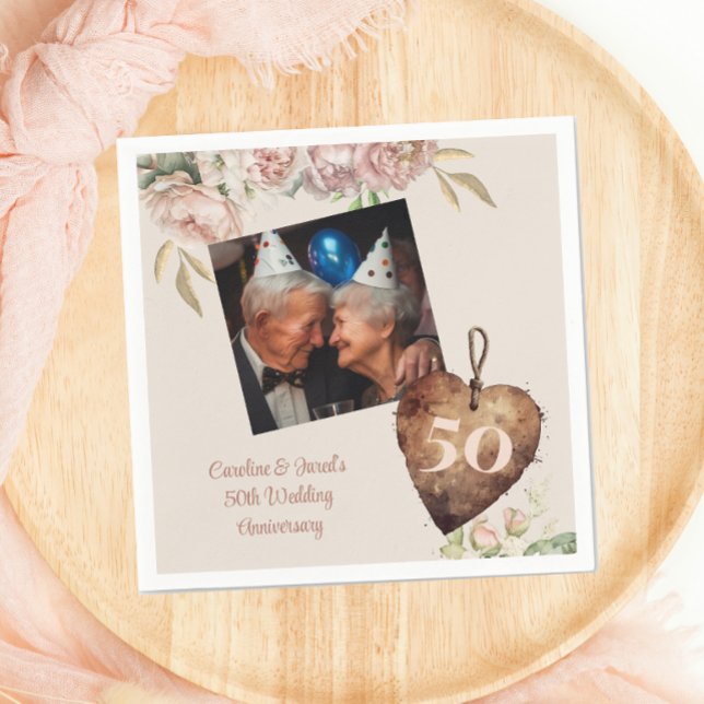 Vintage Rose Peony 50-års bröllopsdag fest Pappersservett (Skapare uppladdad)