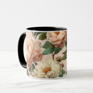 Vintage Rosé Peony Kräm Blommönster Mugg