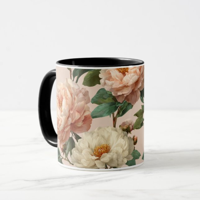 Vintage Rosé Peony Kräm Blommönster Mugg (Framsida vänster)