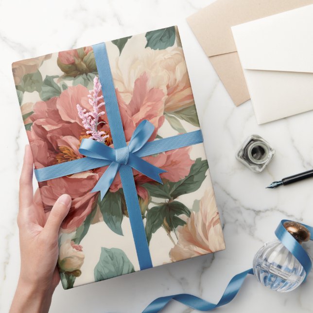 Vintage Rosé Peony Kräm Blommönster Presentpapper (Gifting)