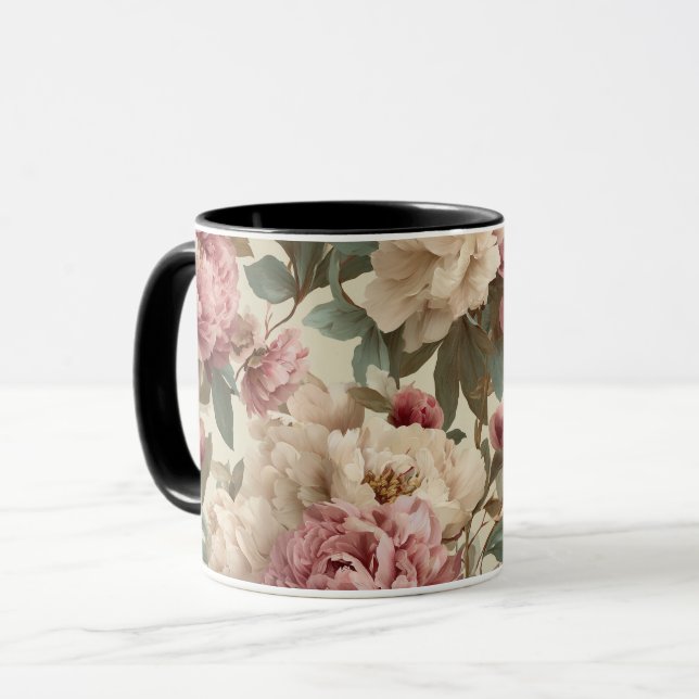 Vintage Rosé Pion Kräm Blommönster Mugg (Framsida vänster)