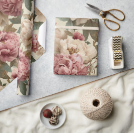 Vintage Rosé Pion Kräm Blommönster Presentpapper
