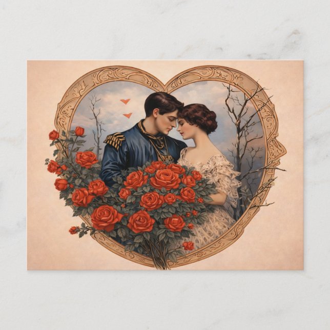 Vintage Rose Romance Postcard | Antique Heart Vykort (Framsida)