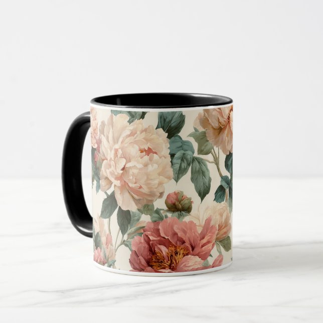 Vintage Rosé Tonad Pion Kräm Blommönster Mugg (Framsida vänster)