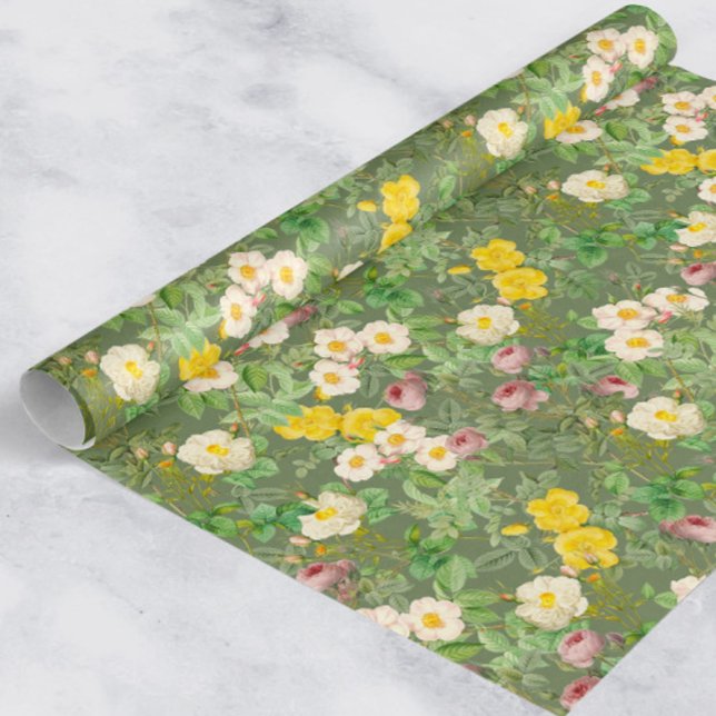 Vintage Rosenträdgårdspresentpapper i Salggrönt Presentpapper (Skapare uppladdad)