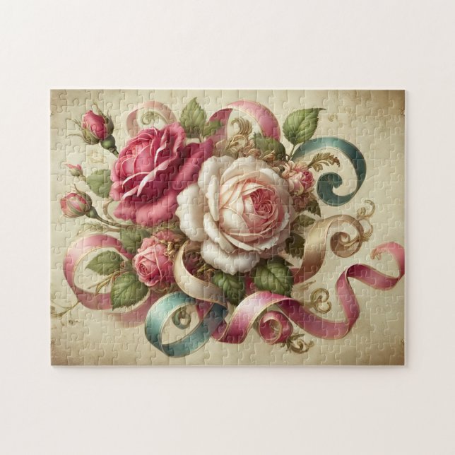 Vintage Roses & Ribbons Romantic Floral Art Pussel (Horisontell)