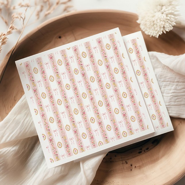 Vintage Rosett Rosa Blommig Flickbabyfirande  Pappersservett (Vintage Bow Pink Floral Girl Baby Shower Napkin)