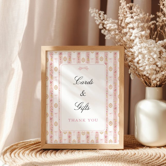Vintage rosett rosa blomstergestaltad bordsskylt f poster (Vintage Bow Pink Floral Tabletop Sign)