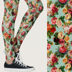 Vintage rosor blommande rosa och salvia grön Mönst Leggings